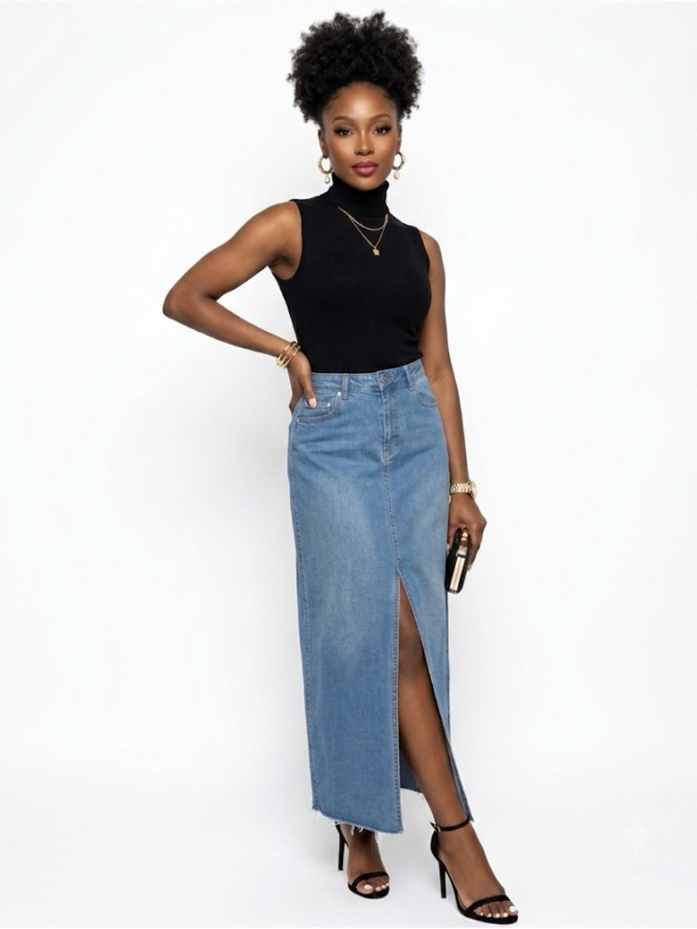 Oat Womens Light Blue Denim Maxi Skirt with Front Slit Size: 6/28